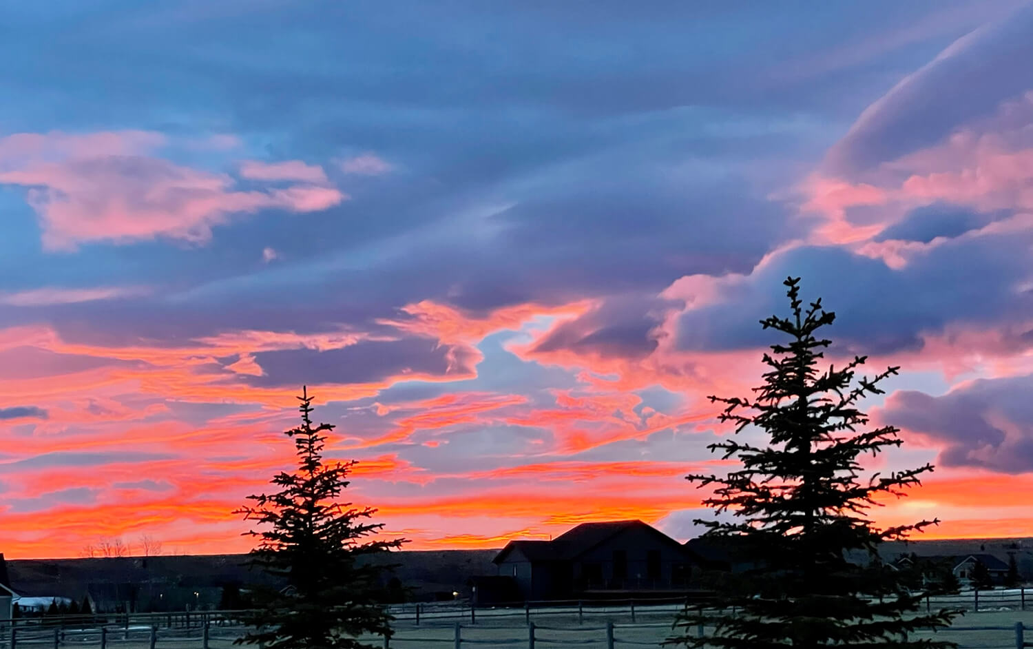 Vibrant sunset with silhouetted trees and clouds.