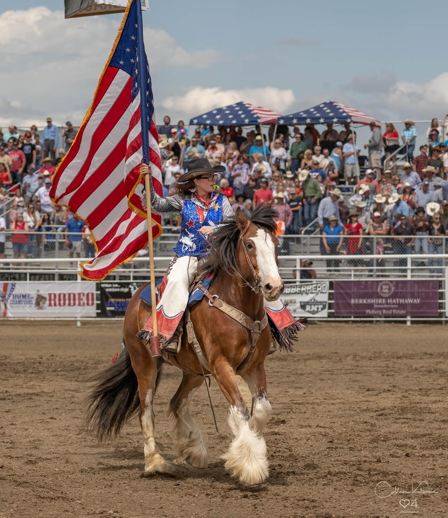 Rider on horse with American flag.